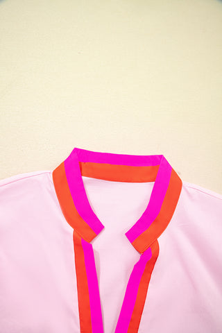 Pink Contrast Striped V Neck Collision Short Puff Sleeve Blouse, A Blissfully Beautiful Boutique - A Blissfully Beautiful Boutique