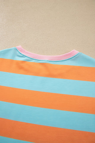 Orange Stripe Ribbed Color Block Trim Round Neck Long Sleeve Shift Top