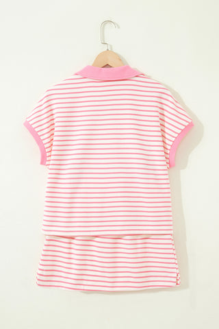 Pink Stripe Color Block Patchwork Polo Tee Drawstring Elastic Waist 2pcs Skort Set, Dear-Lover Dropshipping - A Blissfully Beautiful Boutique