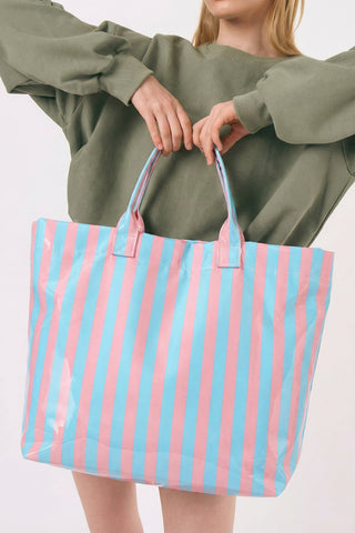 Light Blue Glossy Striped Vinyl Large Tote Bag, Dear-Lover Dropshipping - A Blissfully Beautiful Boutique