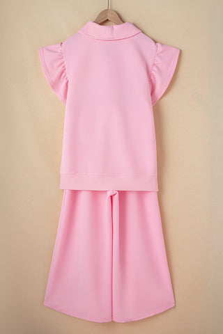 Pink Textured Ruffled Sleeve Zipped Top and Wide Leg Pants Set, A Blissfully Beautiful Boutique - A Blissfully Beautiful Boutique
