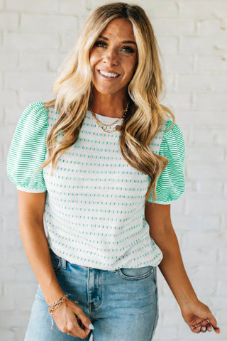 Green Striped Short Puff Sleeve Top, Dear-Lover Dropshipping - A Blissfully Beautiful Boutique