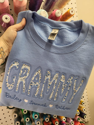 Custom Reverse Fabric Applique Embroidered Sweatshirt, Merch Girls - A Blissfully Beautiful Boutique