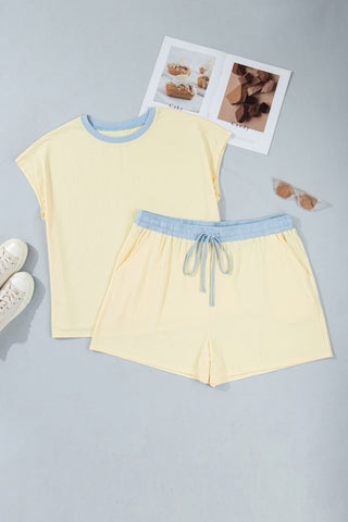 Yellow Cream Plus Size Ribbed Color Block Trim Drawstring Shorts 2pcs Set, Dear-Lover Dropshipping - A Blissfully Beautiful Boutique