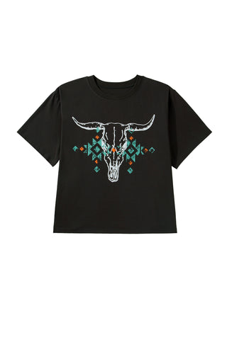 Carbon Grey Plus Size Western Aztec Bull Skull Printed T Shirt, Dear-Lover Dropshipping - A Blissfully Beautiful Boutique