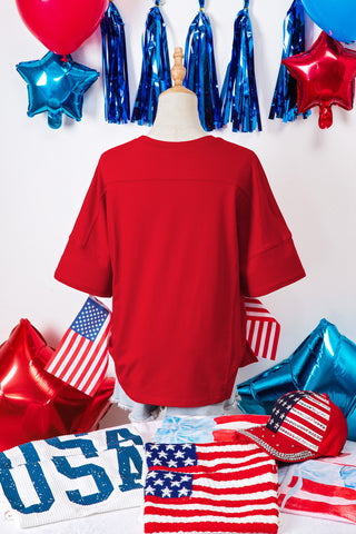 Fiery Red Patriotic USA Slogan Patch Embroidery Short Sleeve T Shirt, Dear-Lover Dropshipping - A Blissfully Beautiful Boutique