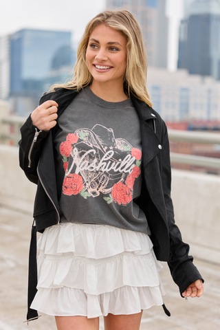 Nashville Vintage Rose Dark Grey Graphic Tee, Pink Lily - A Blissfully Beautiful Boutique