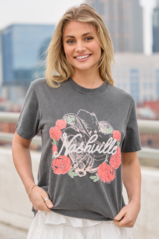 Nashville Vintage Rose Dark Grey Graphic Tee, Pink Lily - A Blissfully Beautiful Boutique