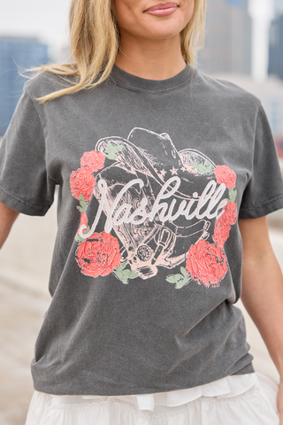 Nashville Vintage Rose Dark Grey Graphic Tee, Pink Lily - A Blissfully Beautiful Boutique