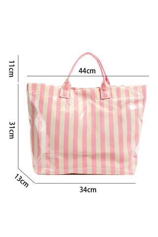 Pink Glossy Striped Vinyl Large Tote Bag, Dear-Lover Dropshipping - A Blissfully Beautiful Boutique