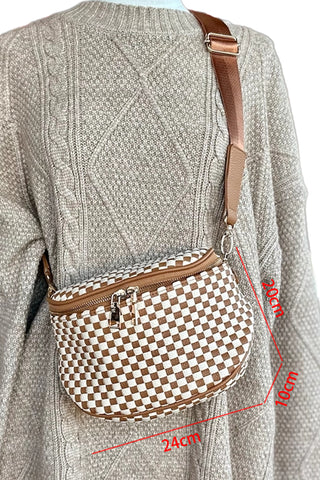 Straw Yellow Checkerboard Woven Zip Crossbody Bag, Dear-Lover Dropshipping - A Blissfully Beautiful Boutique