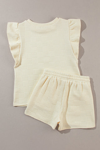 Apricot Textured Ruffled Sleeve Tee and Drawstring Shorts Set