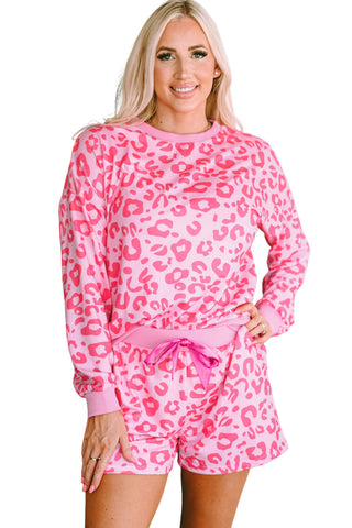 Pink Leopard Long Sleeve Satin Tie Shorts Two Piece Set A