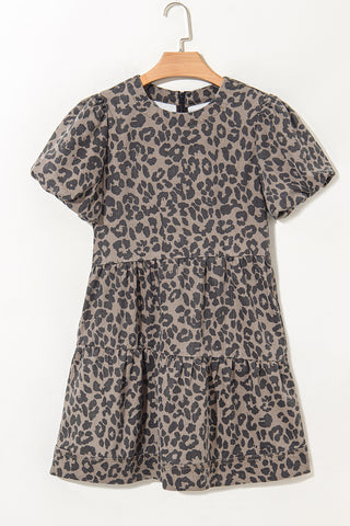 Brown Denim Leopard Printed Short Puff Sleeve Mini Dress