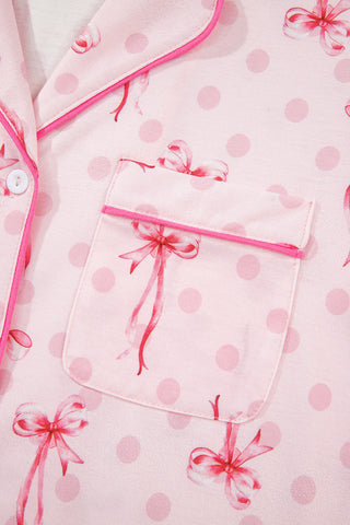 Pink Bow Print Contrast Pipping Short Pajamas Set, A Blissfully Beautiful Boutique - A Blissfully Beautiful Boutique