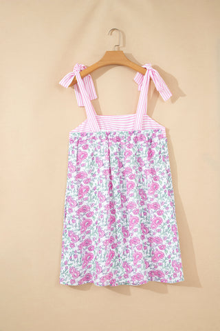Pink Floral Print Striped Patchwork Bow Knot Straps Mini Dress