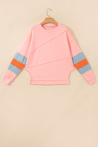 Pink Colorblock Striped Patchwork Raw Detail Long Sleeve Top