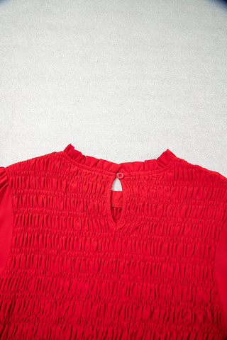 Jet Stream Solid Color Smocked Ruffle Hem Long Sleeve Blouse