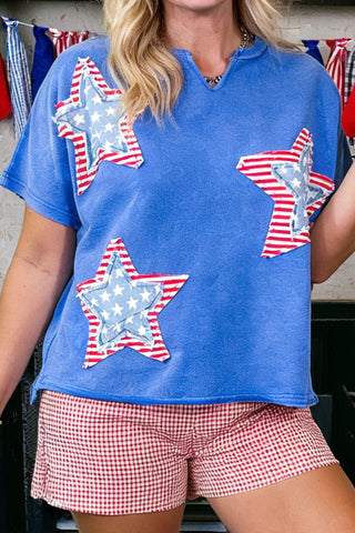 Sky Blue Patriot Star Patched Notched Neck Mineral Washed Tee, Dear-Lover Dropshipping - A Blissfully Beautiful Boutique
