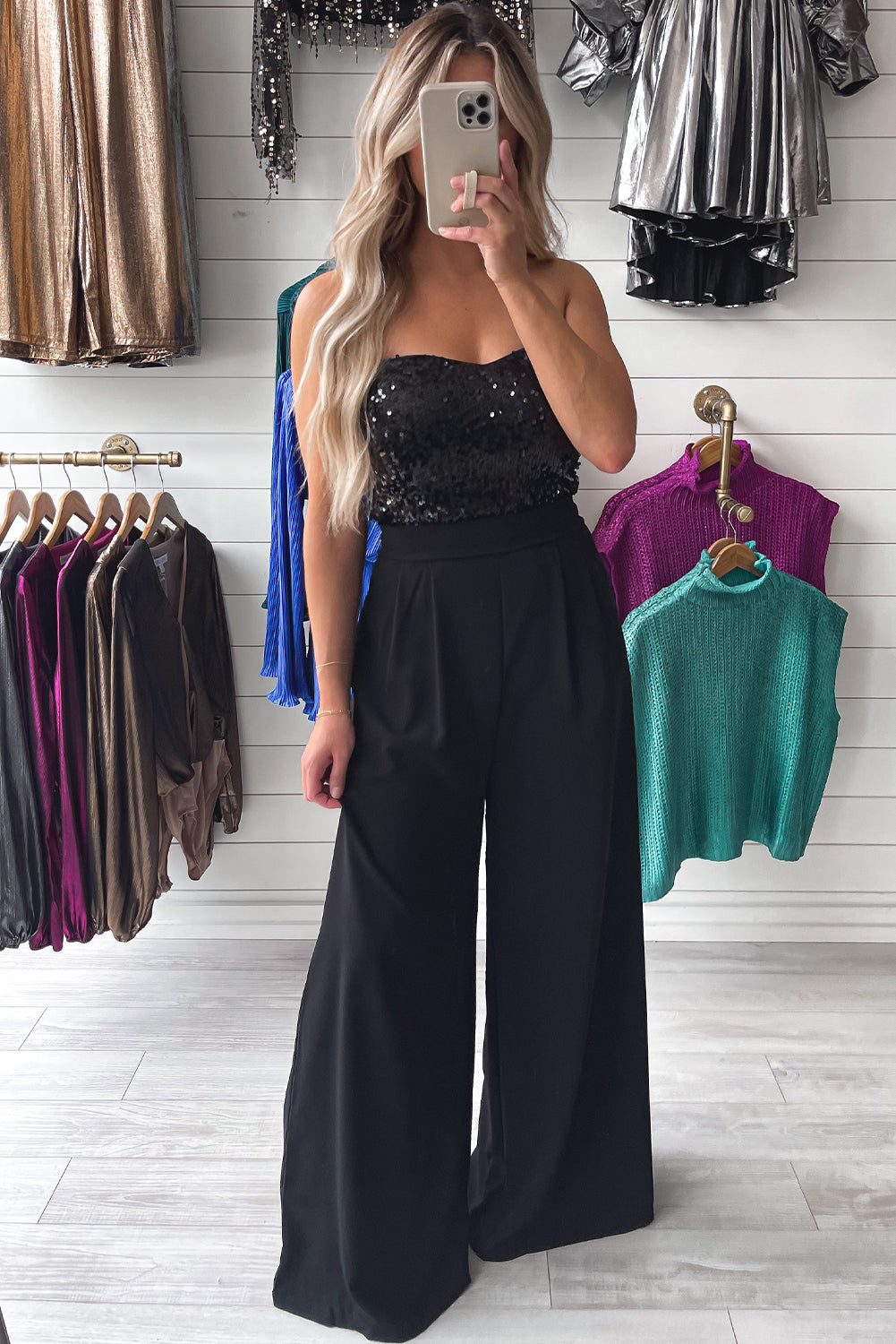 Black Sequin Tube Top Wide Leg Jumpsuit A Blissfully Beautiful Boutique