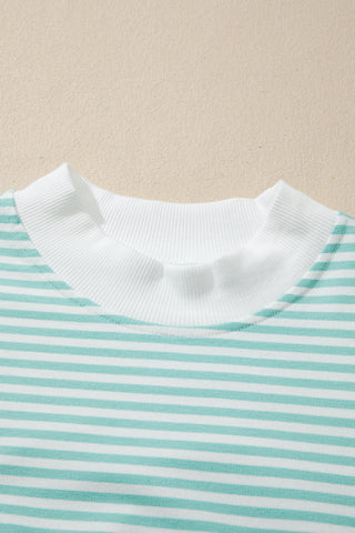 Green Stripe Cuffed Sleeve Contrast Mock Neck Tee Casual 2pcs Short Set, Dear-Lover Dropshipping - A Blissfully Beautiful Boutique