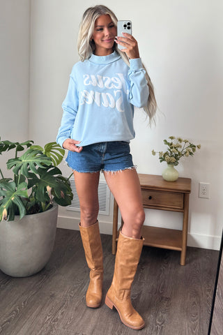 Mist Blue Jesus Saves Slogan Print Stand Neck Baggy Sweatshirt