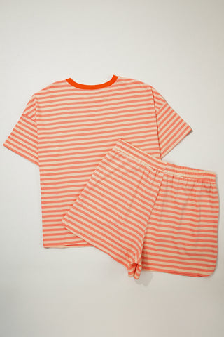 Pink Stripe Drop Shoulder T Shirt and Shorts Plus Size Summer Set, Dear-Lover Dropshipping - A Blissfully Beautiful Boutique