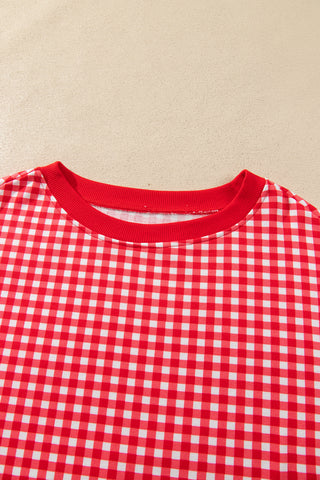 Red Gingham Oversized Ribbed Trim Crew Neck Long Sleeve Top and Skort Set