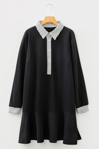Black Plus Size Striped Cuffs Polo Collar Patchwork Long Sleeve Ruffle Hem Dress, Dear-Lover Dropshipping - A Blissfully Beautiful Boutique