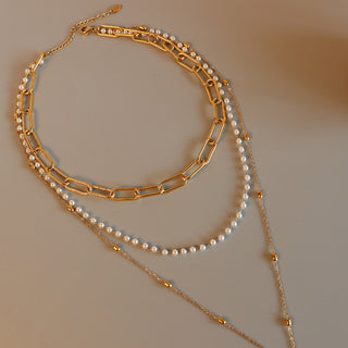 Synthetic Pearl Titanium Steel Three-Layered Necklace