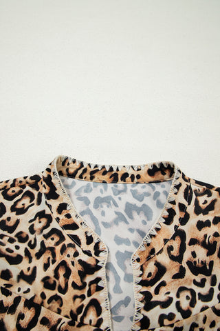 Khaki Plus Size Leopard Print Stitch Detail Ruffled Short Sleeve Blouse, Dear-Lover Dropshipping - A Blissfully Beautiful Boutique