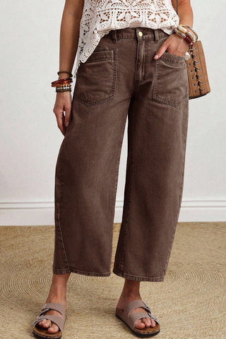 Coffee Solid Color Square Patch Pocket Ankle-length Barrel Jeans, Dear-Lover Dropshipping - A Blissfully Beautiful Boutique