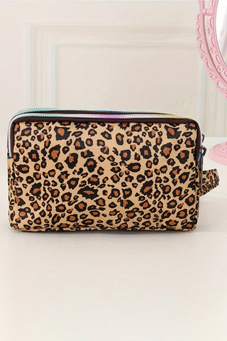 Brown Leopard Print PU Leather Wristlet Zipper Makeup Bag, Dear-Lover Dropshipping - A Blissfully Beautiful Boutique