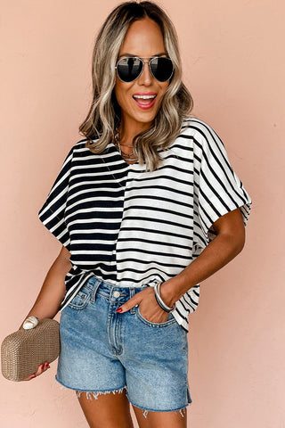 Black Stripe Two Tone Colorblock V Neck T Shirt