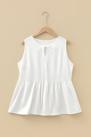 White Plus Size Solid Color Bow Tie Peplum Tank Top, Dear-Lover Dropshipping - A Blissfully Beautiful Boutique