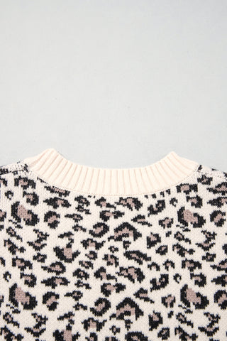 Beige Leopard Print Ribbed Color Block Trim Pullover Sweater
