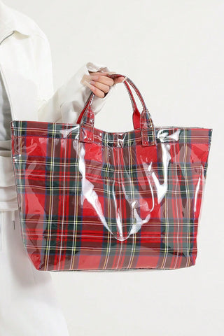 Fiery Red Plaid Pattern PVC Glossy Waterproof Tote Bag, Dear-Lover Dropshipping - A Blissfully Beautiful Boutique