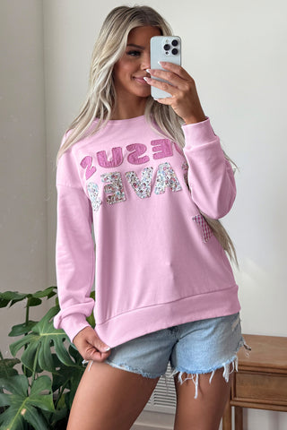 Pink Patchwork Stars Plaid Unique Floral Letters Baggy Sweatshirt