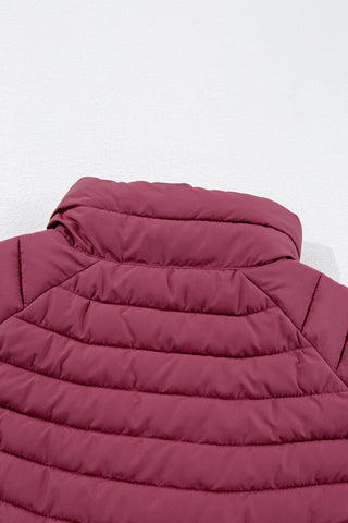 Burgundy Plush Collared Quilted Zipped Puffer Vest