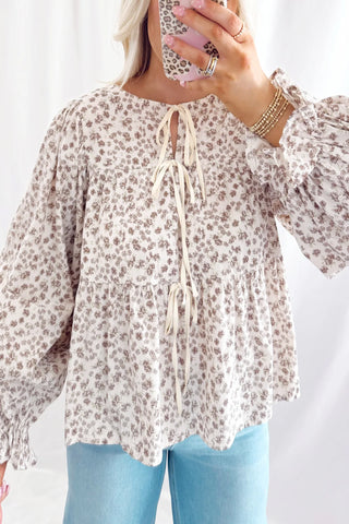 White Bow Tie Front Floral Print Flounce Sleeve Peplum Blouse, Dear-Lover Dropshipping - A Blissfully Beautiful Boutique