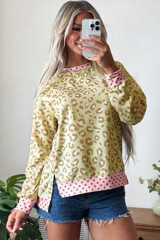 Pink Leopard Polka Dot Colorblock Trim Long Sleeve Top