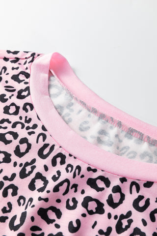 Pink Leopard Striped Patchwork Side Slit Loose Short Sleeve Top, Dear-Lover Dropshipping - A Blissfully Beautiful Boutique