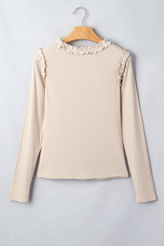 Beige Solid Color Round Neck Frill Detail Long Sleeve Top