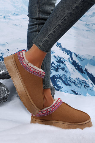 Chestnut Suede Contrast Print Round Toe Plush Lined Flats, Dear-Lover Dropshipping - A Blissfully Beautiful Boutique