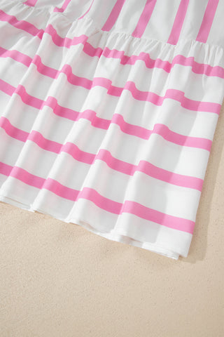 Pink Stripe Plus Size V Neck Short Puff Sleeve Tiered Maxi Dress, Dear-Lover Dropshipping - A Blissfully Beautiful Boutique