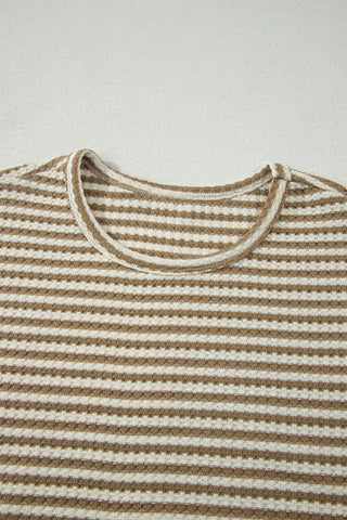 Brown Stripe Breathable Textured Knit Short 2pcs Set, Dear-Lover Dropshipping - A Blissfully Beautiful Boutique