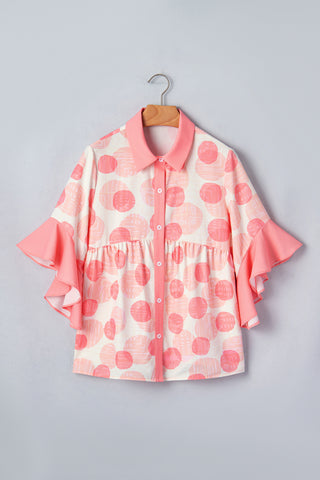 Pink Double Polka Dot Printed Ruffle Trim Short Sleeve Babydoll Shirt, Dear-Lover Dropshipping - A Blissfully Beautiful Boutique