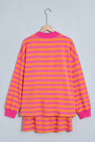 Orange Stripe Color Block Patchwork Mock Neck Pullover Drawstring Mini Skort Set