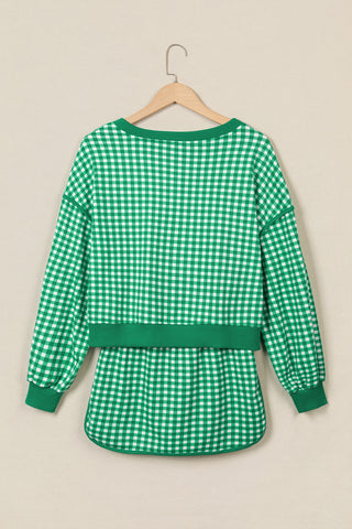 Red Gingham Oversized Ribbed Trim Crew Neck Long Sleeve Top and Skort Set