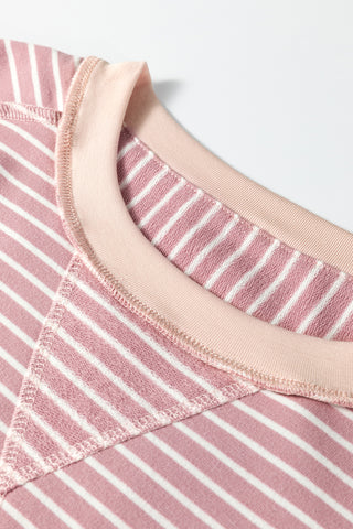 Pink Stripe Exposed Stitching Patchwork Casual Long Sleeve Top